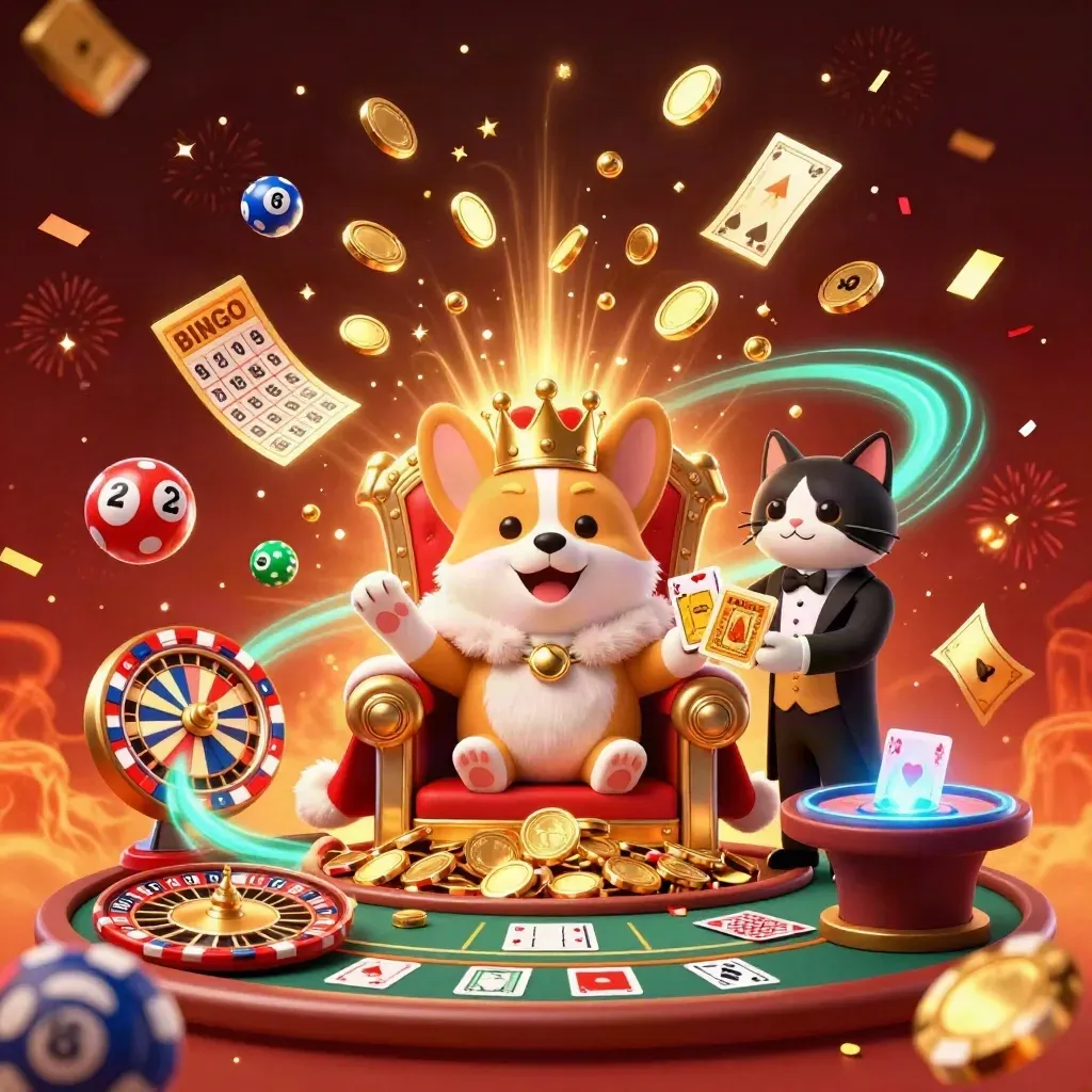 Royal corgi and cat butler amid gold coins, fireworks, and casino icons