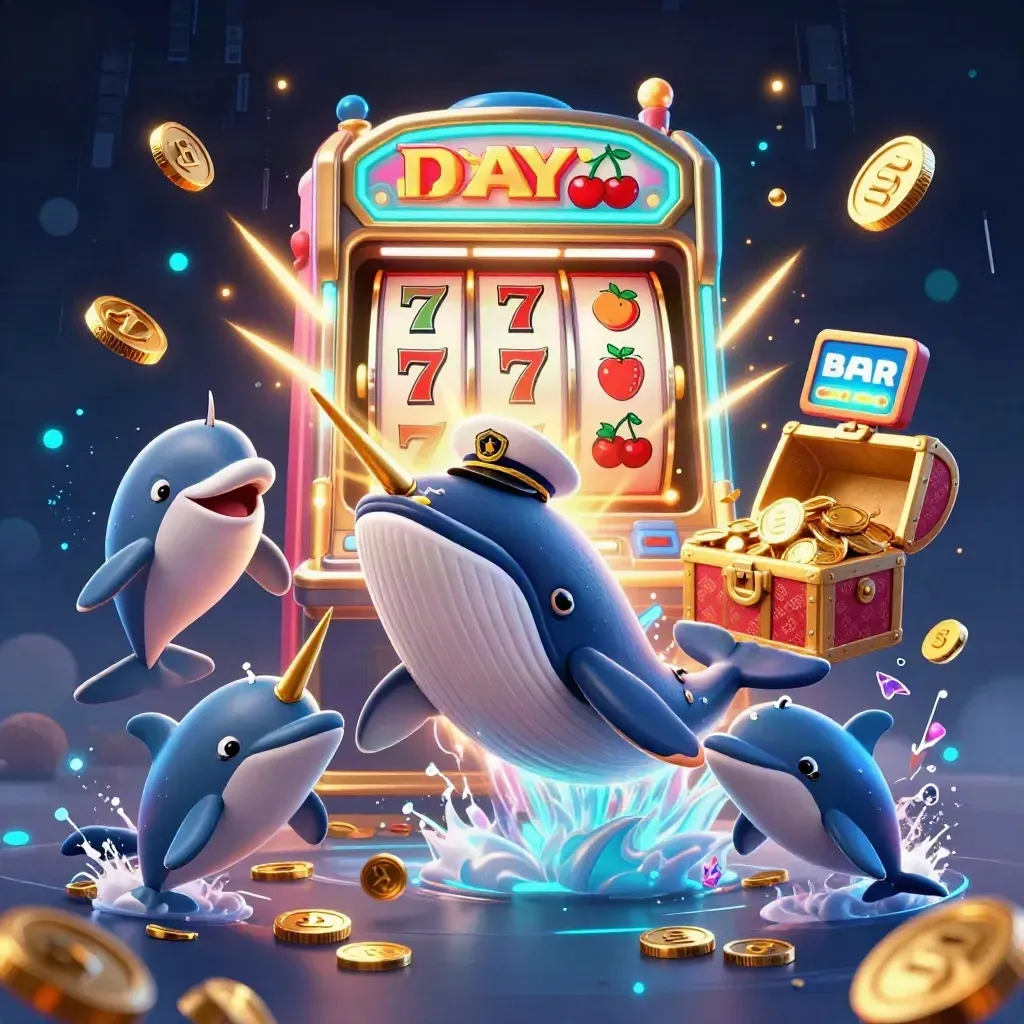 Captain whale, narwhal, and dolphins erupt through coins with slot machine jackpot effects.