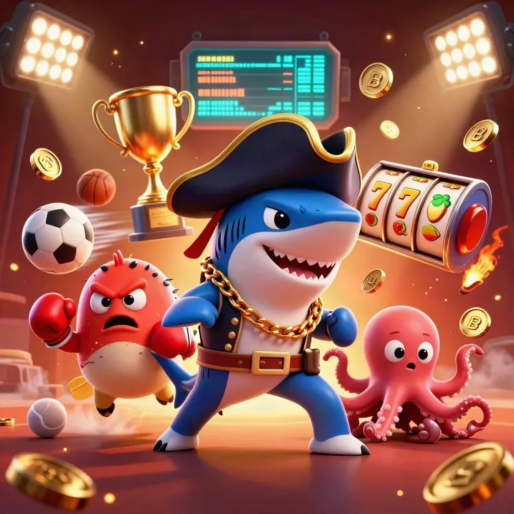 Shark captain, boxing pufferfish and juggling octopus amid casino sports chaos and glowing reels.